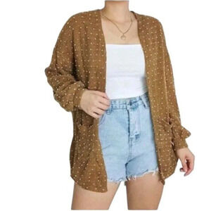 Boho Cardigan Sweater M Brown 3D Dot Indie Academia Granny Drop Shoulder Comfy